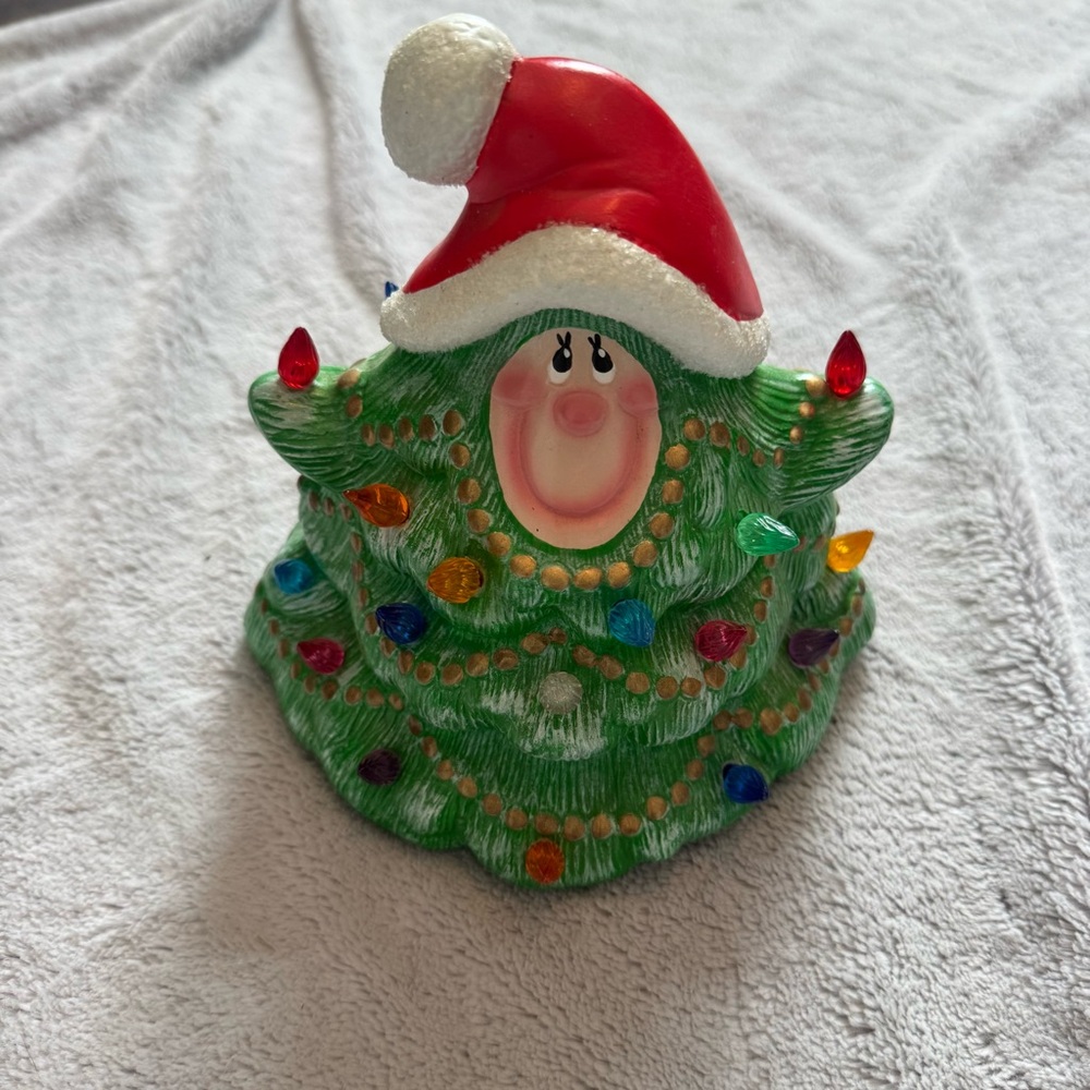 Whimsical Ceramic Christmas Tree Santa Hat 7” Figurine‎ – No Light Base